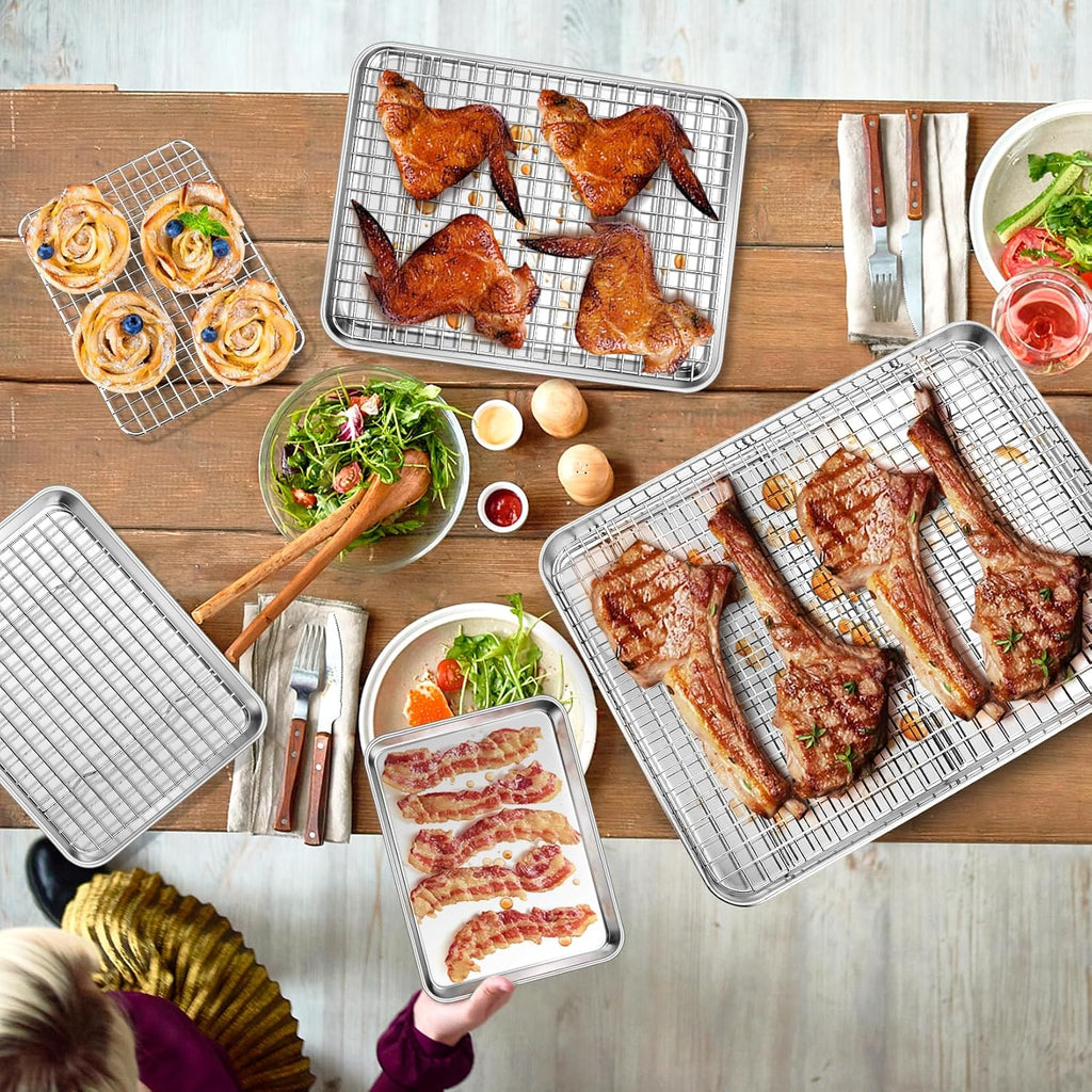 16 + 12.5 + 10.4 + 9 Inch Sheet & Rack, Pan and Grid Rack | 8 Pcs (4x Cookie Sheets + 4x Cooling Racks), 4 Sizes