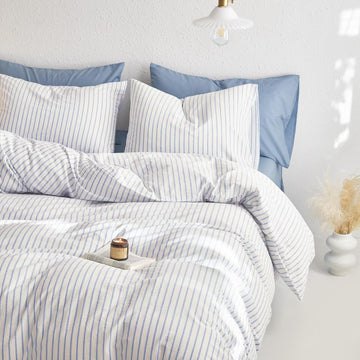Striped Cotton Duvet Cover Set, Ticking Stripe Vertical Pinstripe Farmhouse, 100% Washed Cotton Textured Bedding Set