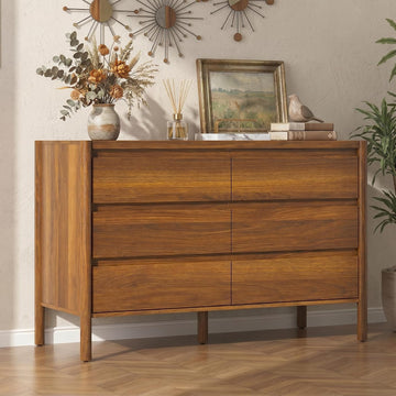 47.2" W 6-Drawer Dresser with Solid Wood Legs, Mid Century Modern Closet Chest of Drawers with no Handles Design