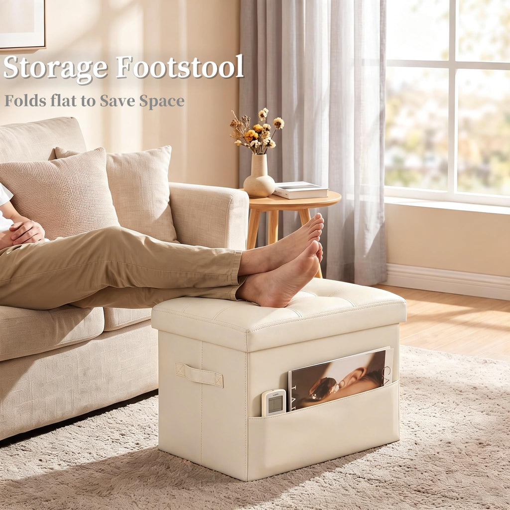 Storage Ottoman, Small Folding Leather Foot Rest Stool, Beige