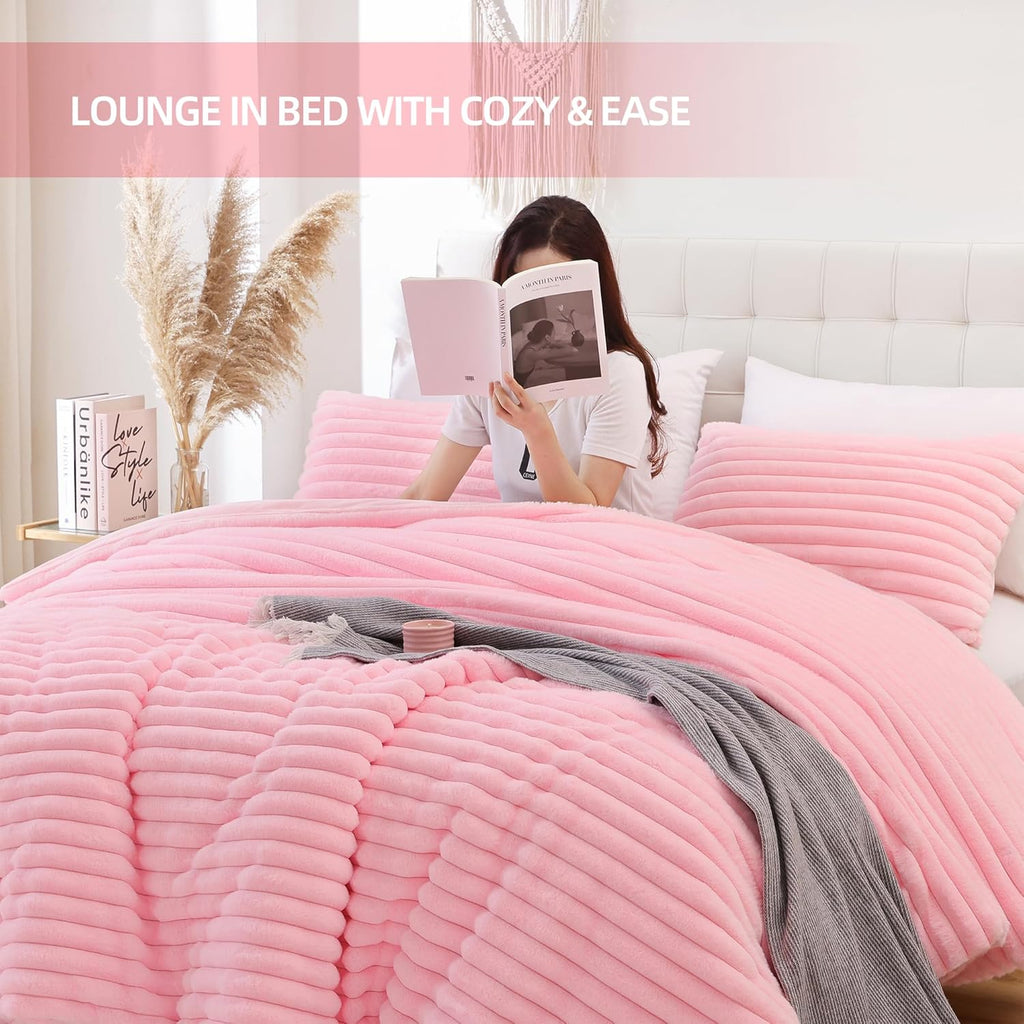 Fluffy Queen Comforter Set 3 Pieces - Pink Fleece Fluffy Comforter Set, Luxury Fuzzy Queen Bedding Set