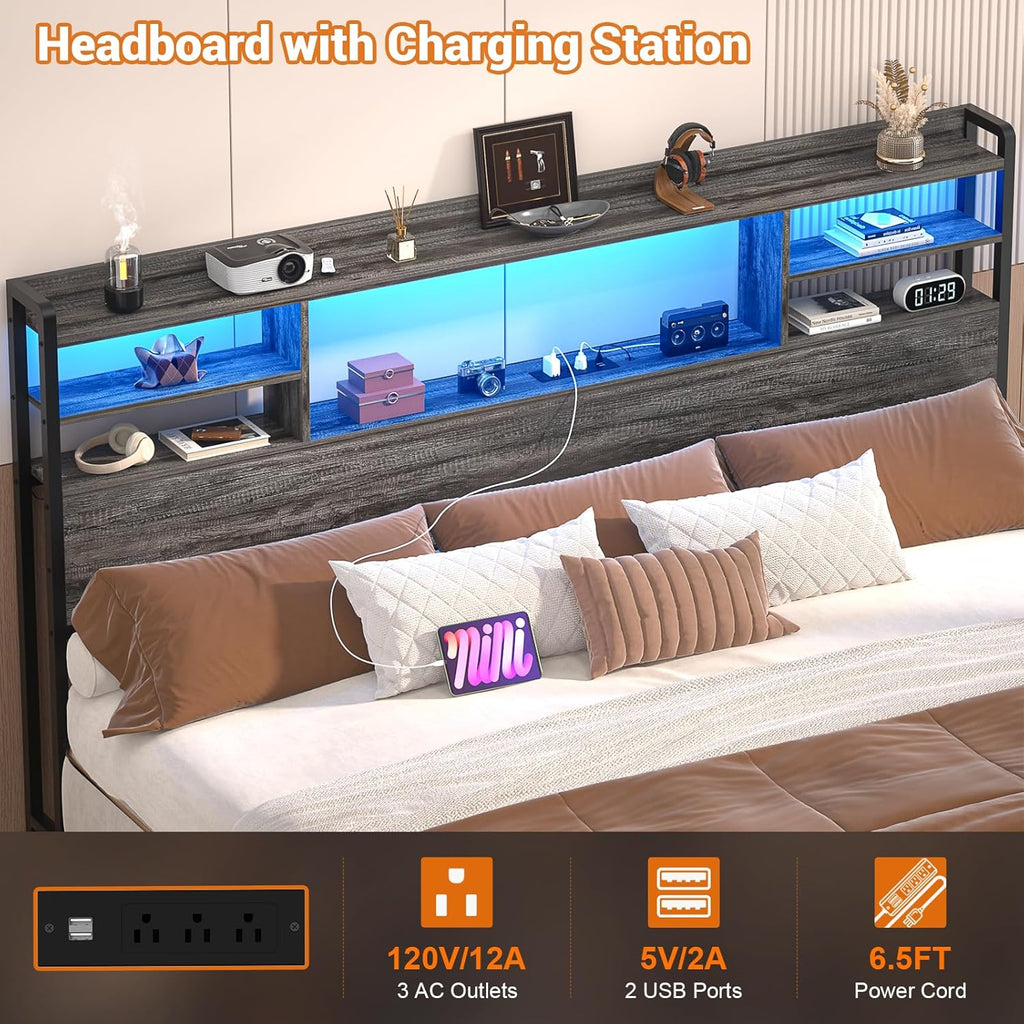 Headboard for King Bed with Storage, Headboards with LED Light, Power Outlets, USB Ports King Head Board