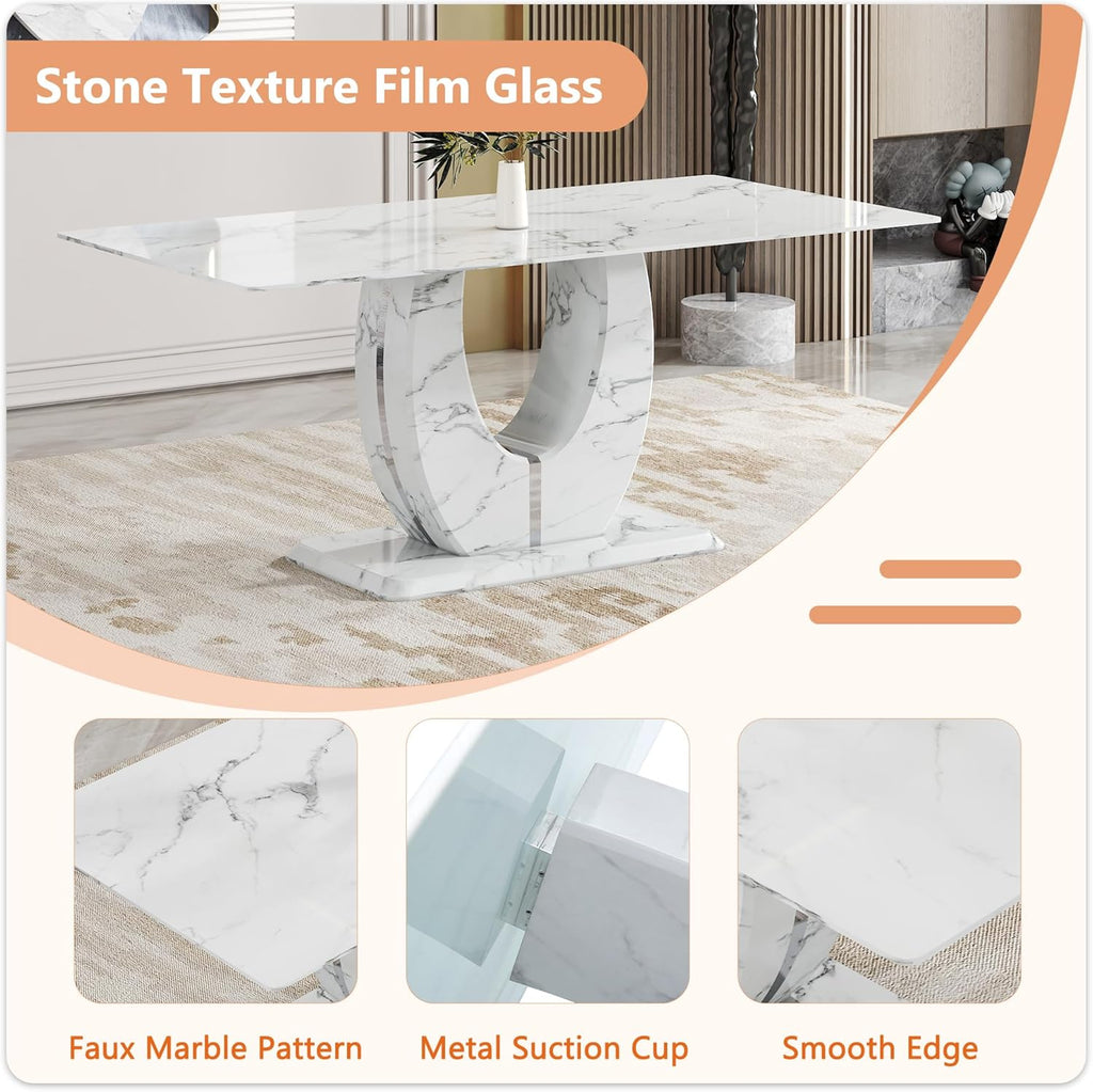 71” Modern Faux Marble Dining Table for 6 - 8, White Rectangle Kitchen Table with Sturdy Pedestal Base, Scratch