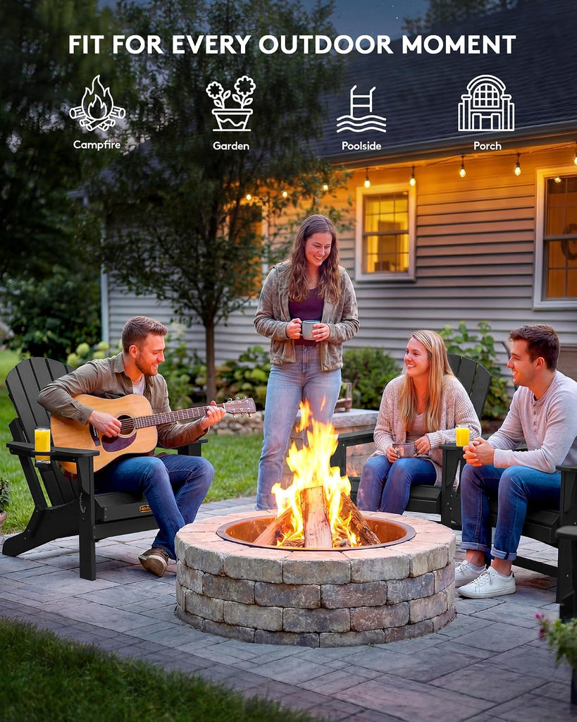 Folding Adirondack Chairs with Cup Holder, Outdoor Fire Pit - Black | Foldable Adirondack Chair with Wood Texture