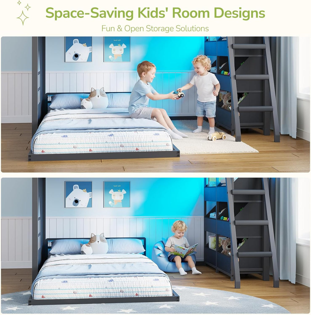 Low Bunk Bed Twin Over Twin with Toy Storage Organizer-6 Removable Bins, Floor Bunk Beds with LED Lights