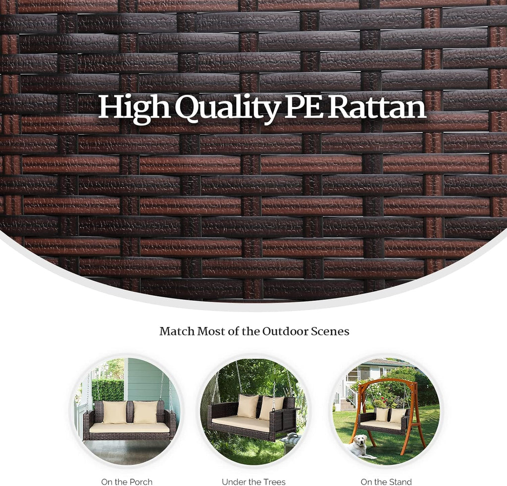 4FT Wicker Swing, Rattan Porch Swing, Outdoor Hanging Seat, Brown | Heavy Duty 800 LBS Outdoor Swing with