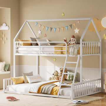 Bunk Bed Twin Over Full, House Bunk Bed Frame with Ladder and Guardrail