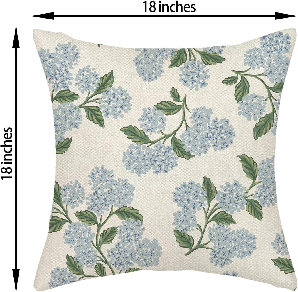 Spring Pillow Covers 18x18 Inch 2 Pcs Blue Green Hydrangea Flower Decor Throw Pillows Vintage Floral Seasonal Summer