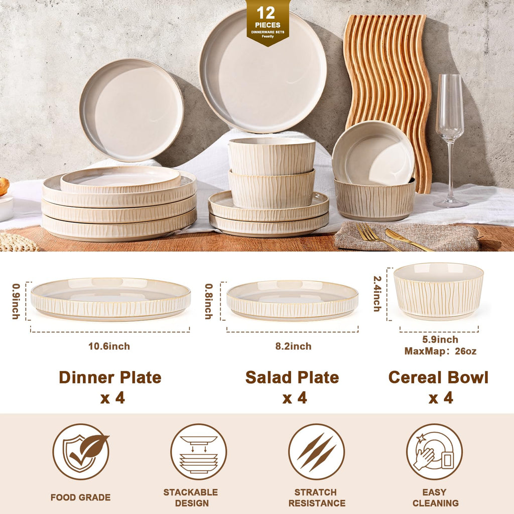 Stoneware Dinnerware Sets for 4, 12 Pcs Ribbed Reactive Glaze Ceramic Plates and Bowls Sets, Chip Resistant