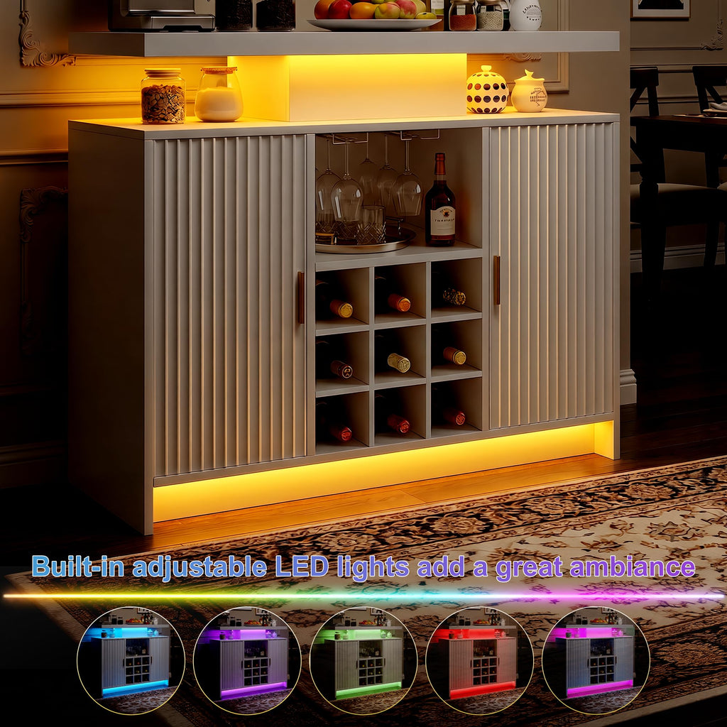 White Wine Cabinet, Fluted Coffee Bar with LED & Outlets