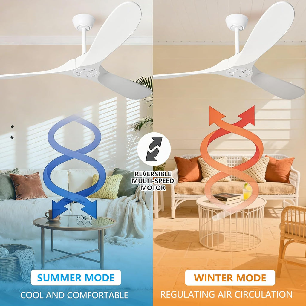 Inspired Maverick Style 60 Inch White Wood Ceiling Fan - 3 Solid Wood Blades, Indoor/Outroom DC Motor Ceiling Fan with Remote Control, 6-Speed Reversible Quiet Operation, Timer Function, No Light, Damp Rated