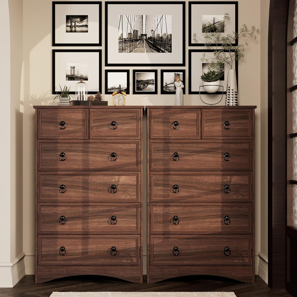 Dresser Tall, Mid Century Modern 6 Drawer Dresser, Cherry Wood Chest od Drawer with Large Storage for Clothes, Vintage