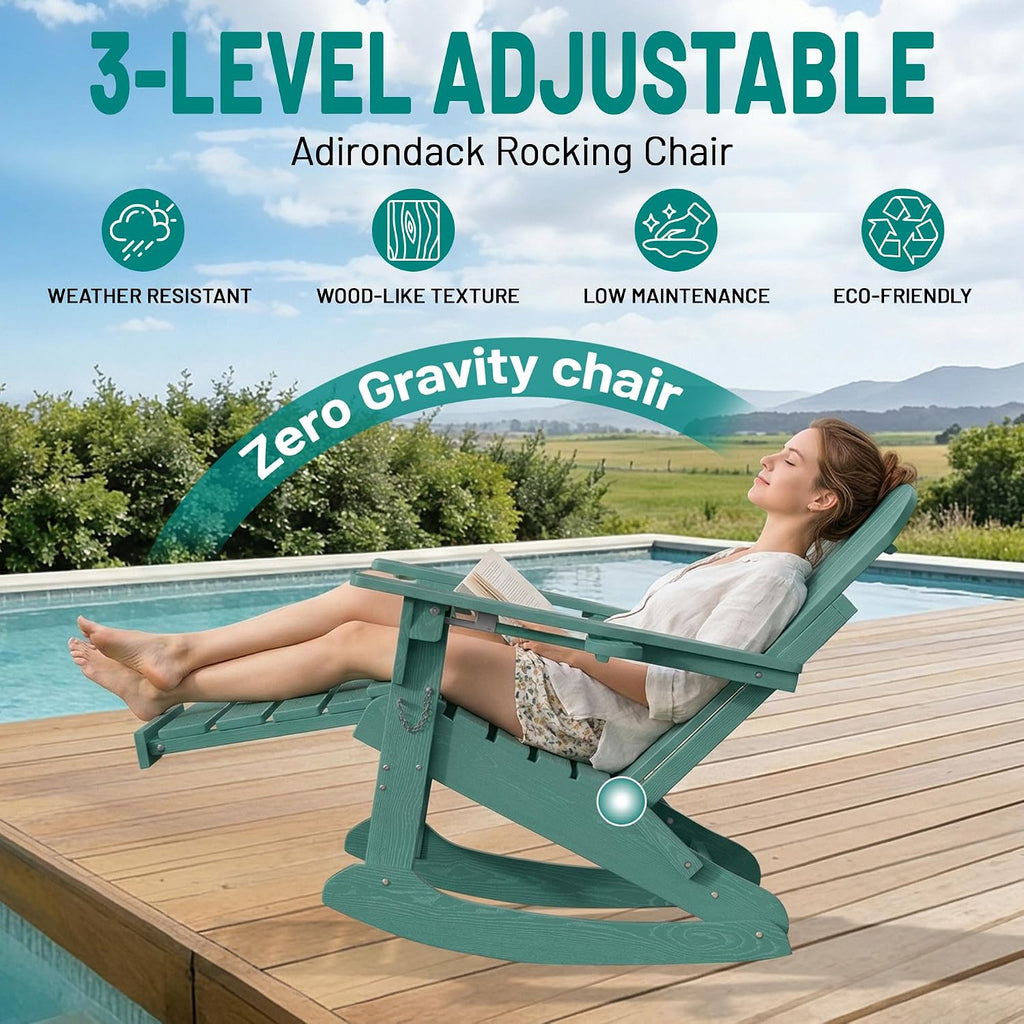 Folding Adirondack Rocking Chair with Retractable Ottoman, Aruba | Weather Resistant, Wood-Grain, 2-Sided Cup