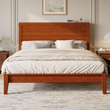 Queen Size Bamboo Bed Frame, Japanese Joinery, Warm Brown