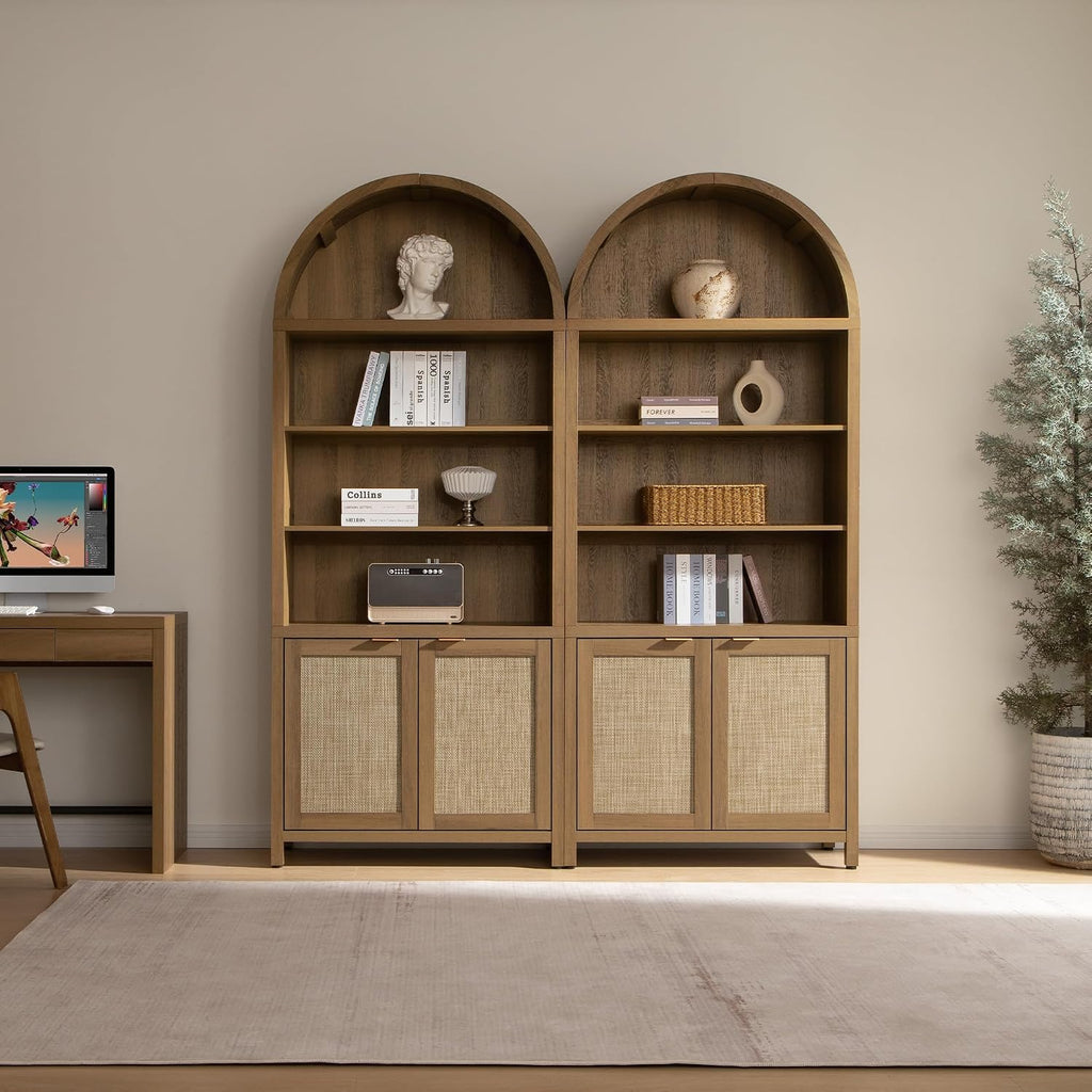 84.2" Tall Arched Bookcase with Doors - 5 Tier Rattan Bookshelf