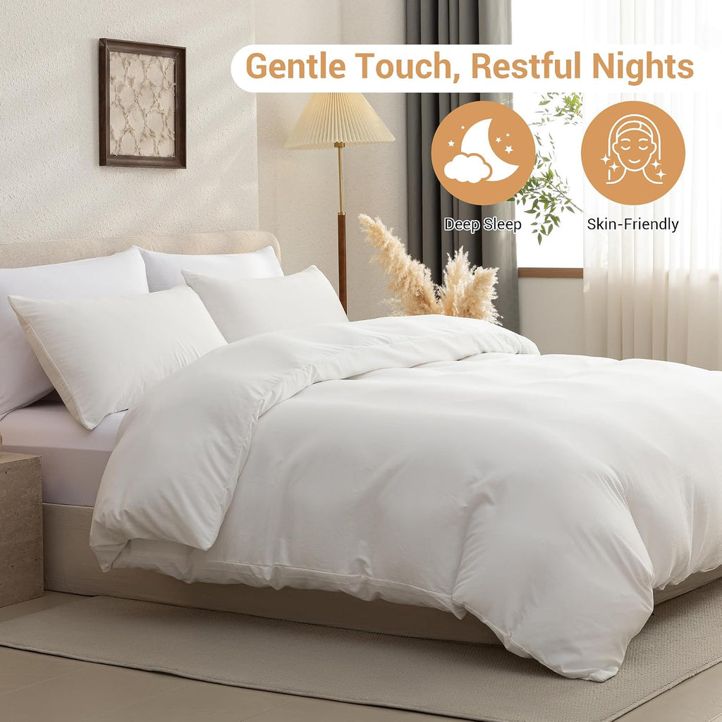 White Duvet Cover Set - 3 Piece Soft Prewashed Microfiber Bedding, Breathable Comforter Cover with Zipper & 8