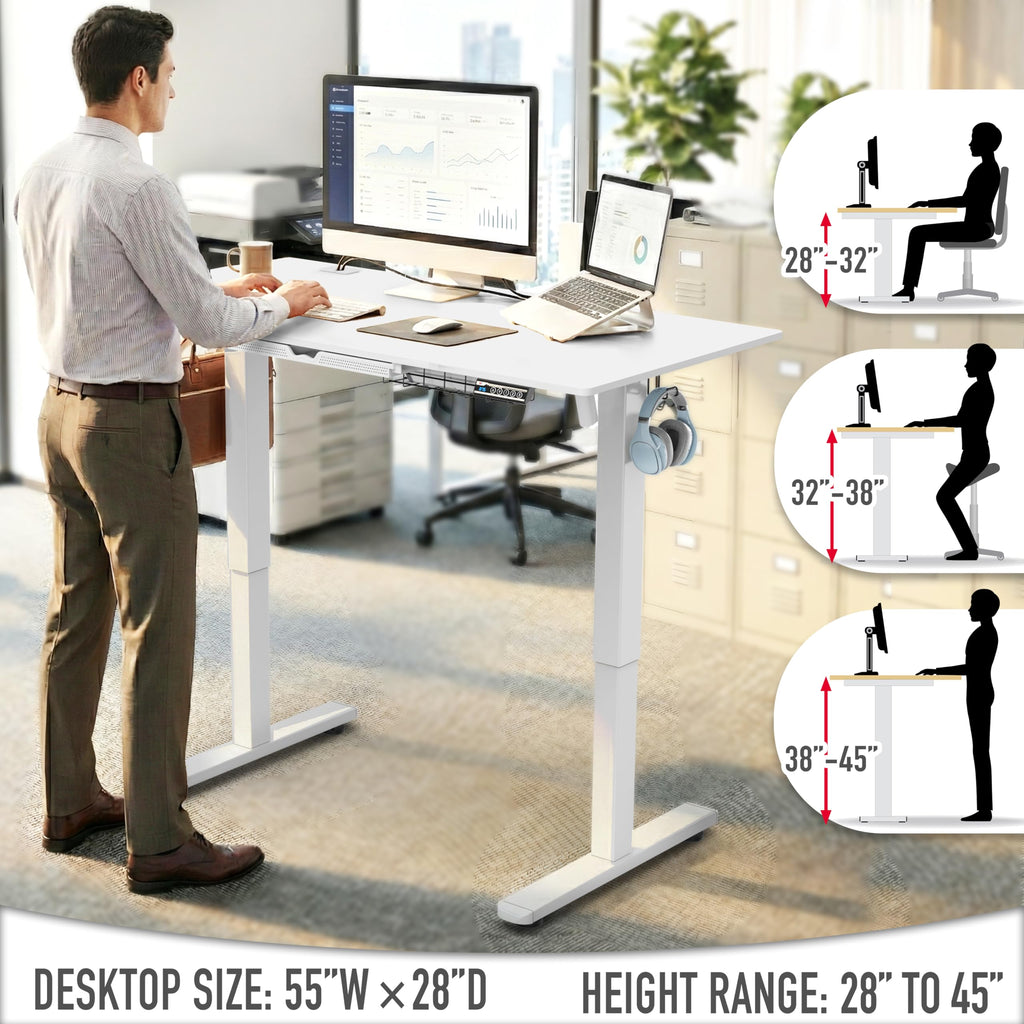55 x 28 Electric Height Adjustable Standing Desk w/Drawer, White
