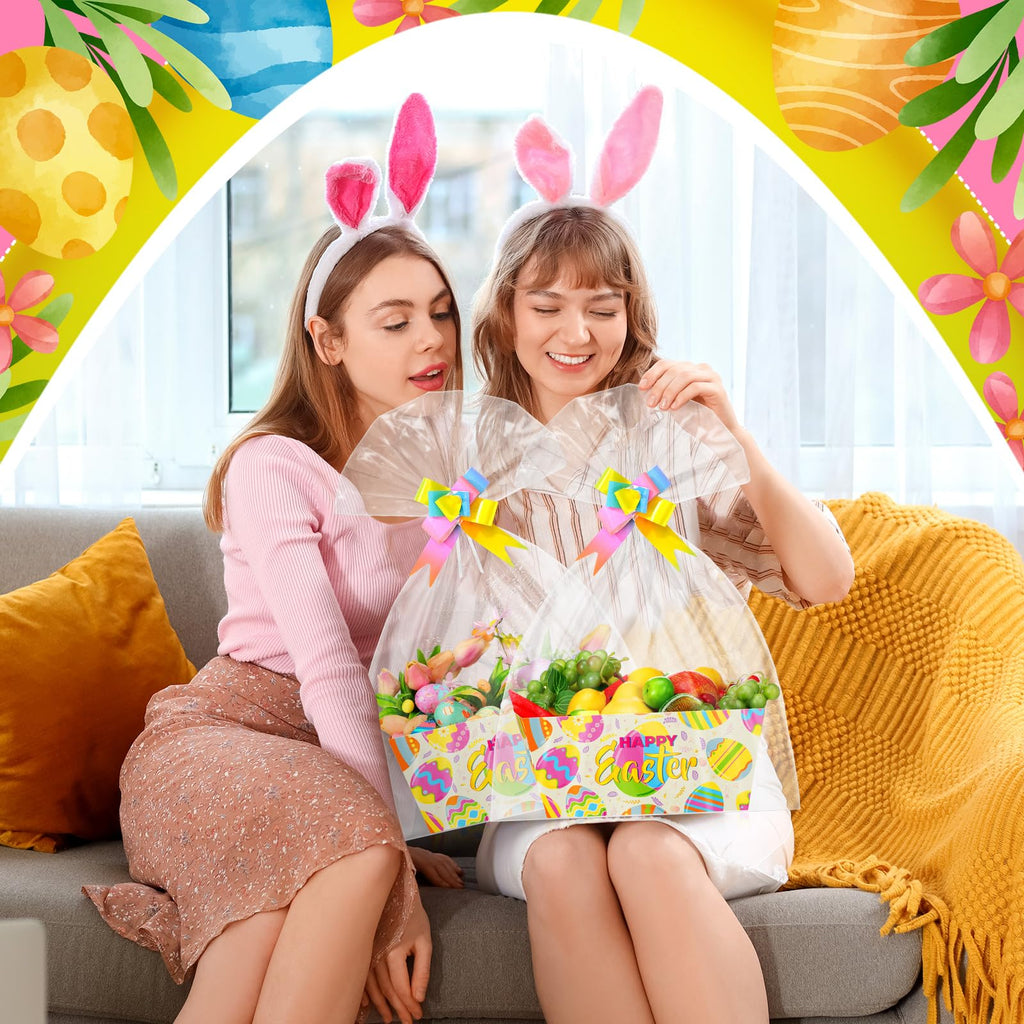 6 Pack Easter Eggs Basket for Gifts Empty with Cellophane Bag Pull Bows Happy Easter Eggs Basket Gift Box for Spring