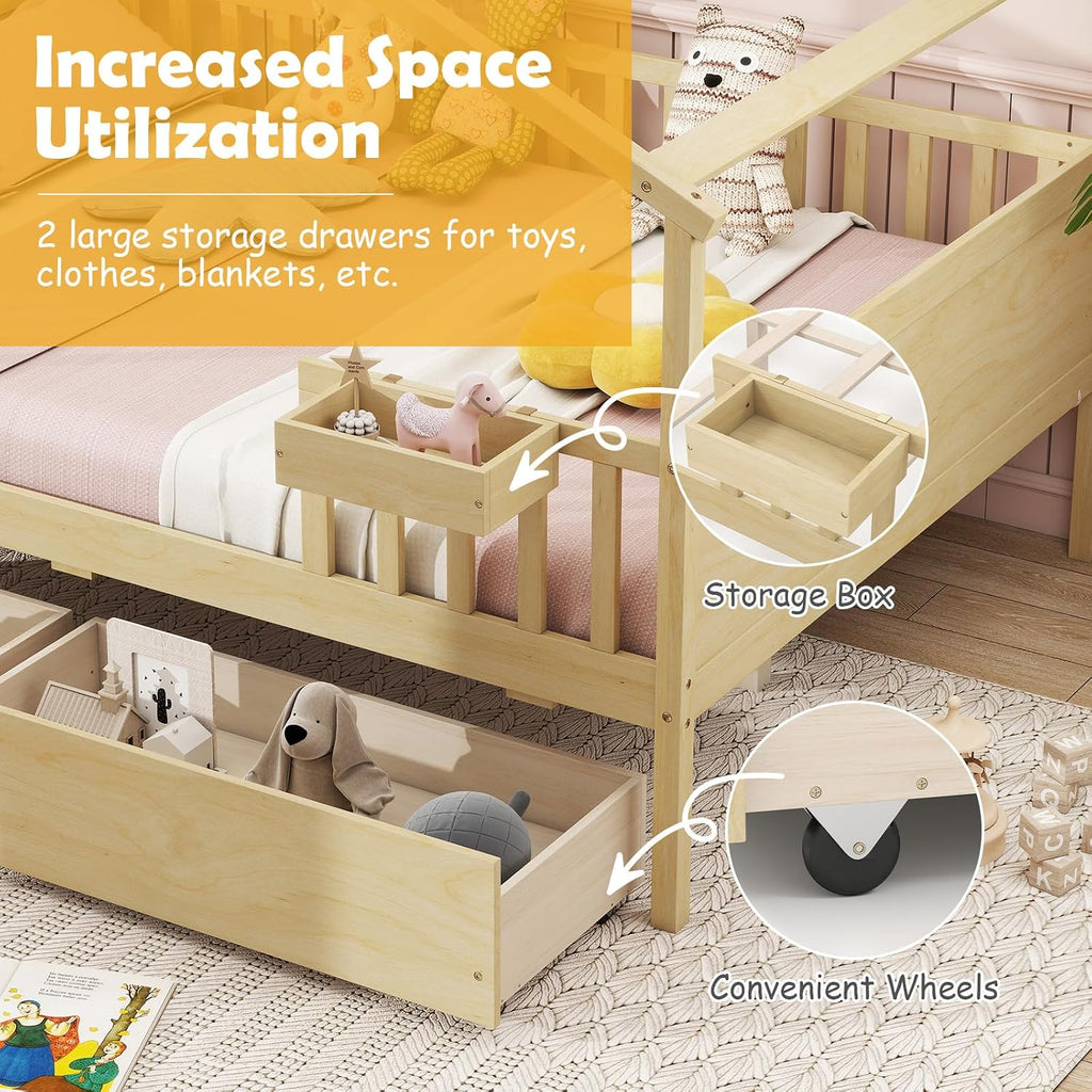 Full House Bed with Drawers, Wooden Full Size Bed Frame with Cube Storage & Fence Rails, Montessori Beds for Kids