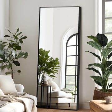 Full Length Mirror with Stand, 64"x24" Aluminum Alloy Frame Full Body Floor Mirror, Black - Free Standing, Leaning