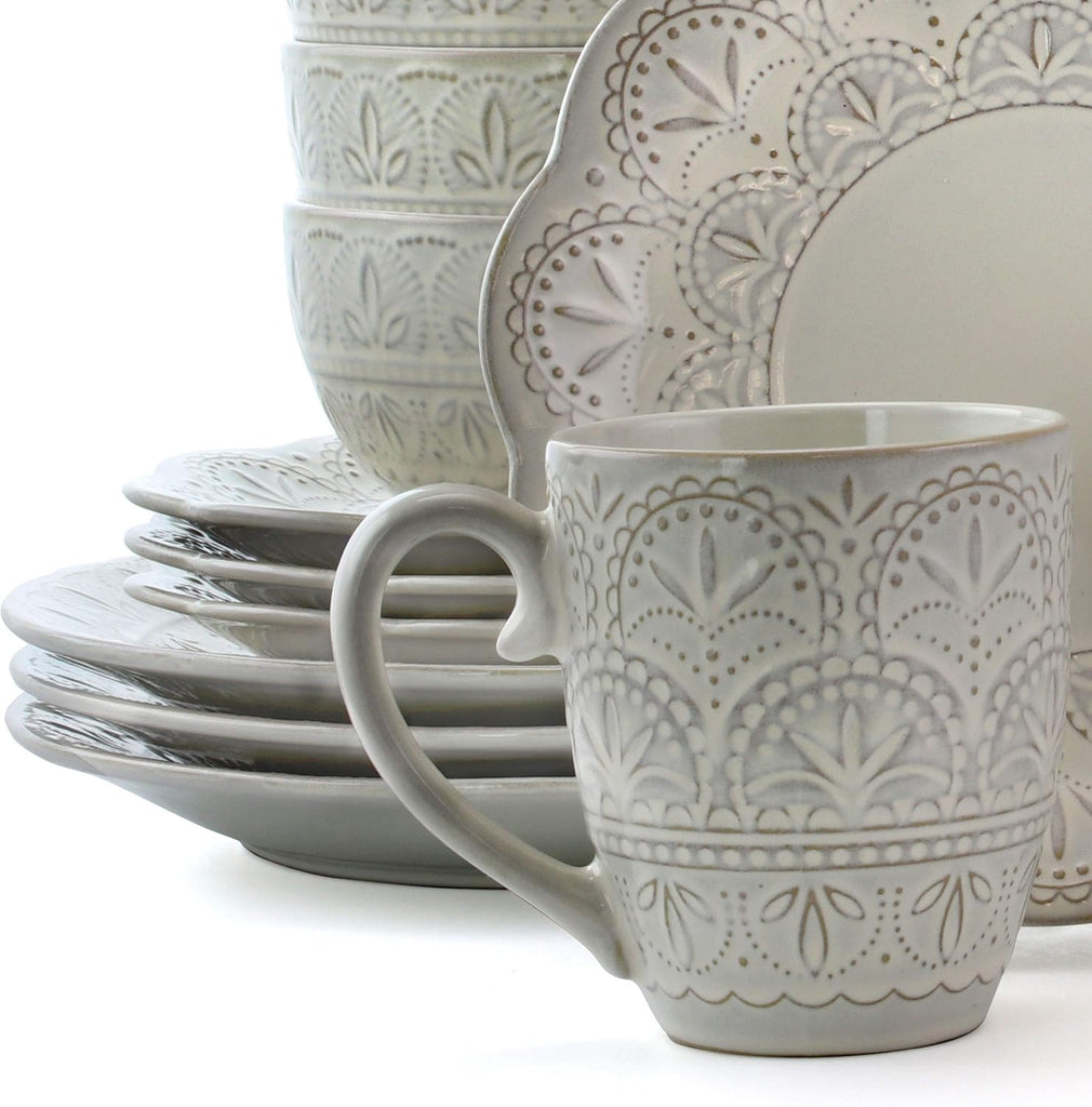 White Lace 16 Piece Round Scallop Stoneware Dinnerware Set in White