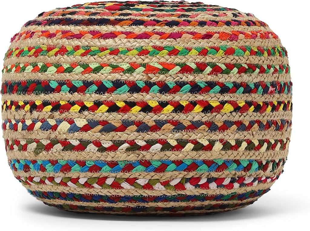 Braided Jute Cotton Pouf - Circular Boho Ottoman - Multi