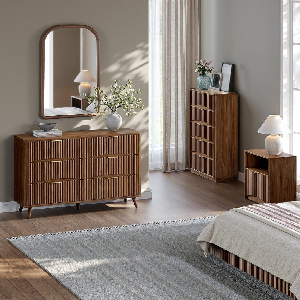 54" Wide Fluted 6 Drawer Dresser, Mid Century Modern Curved Dresser, Light Wood Chest of Drawers , Walnut
