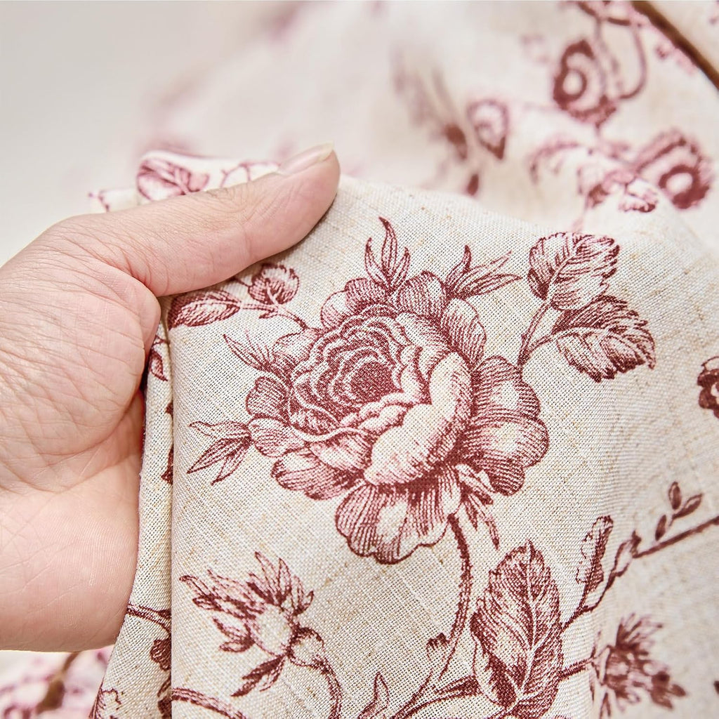 Linen Curtains 63 inch Maroon Floral Farmhouse Rod Pocket 2 Panels