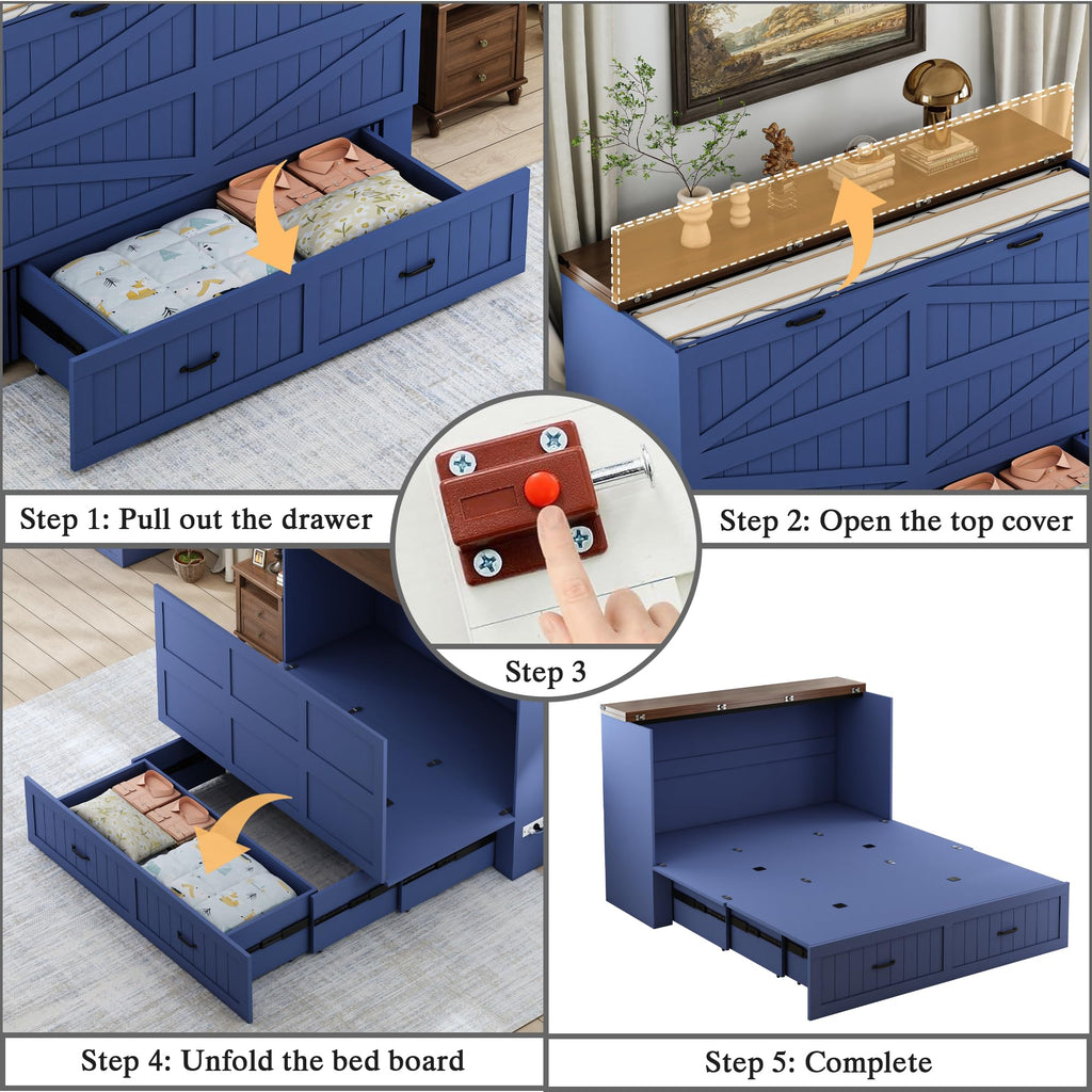 Queen Murphy Bed with Storage & Charging Station, Farmhouse Murphy Cabinet Bed with Large Drawer, Hideaway Foldable
