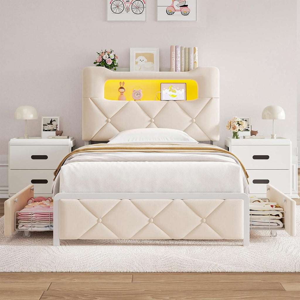 Twin Upholstered LED Bed Frame with 2 Storage Drawers and 2-Tier Storage Bookcase Headboard, Velvet Princess Platform