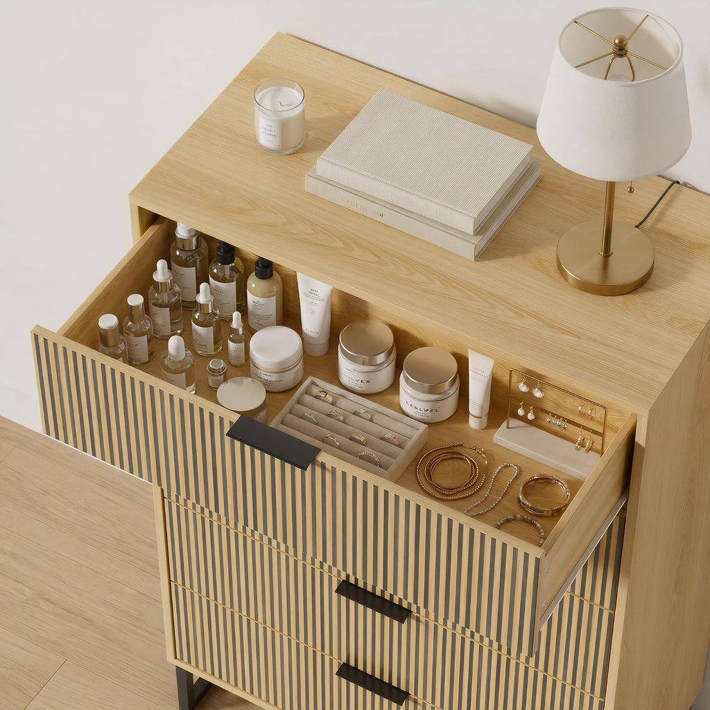 Tall 5 Drawers Dresser , Natural Wood Dresser with Metal Handle, 49.2'' Chest of Drawers Modern Drawer Organizer with