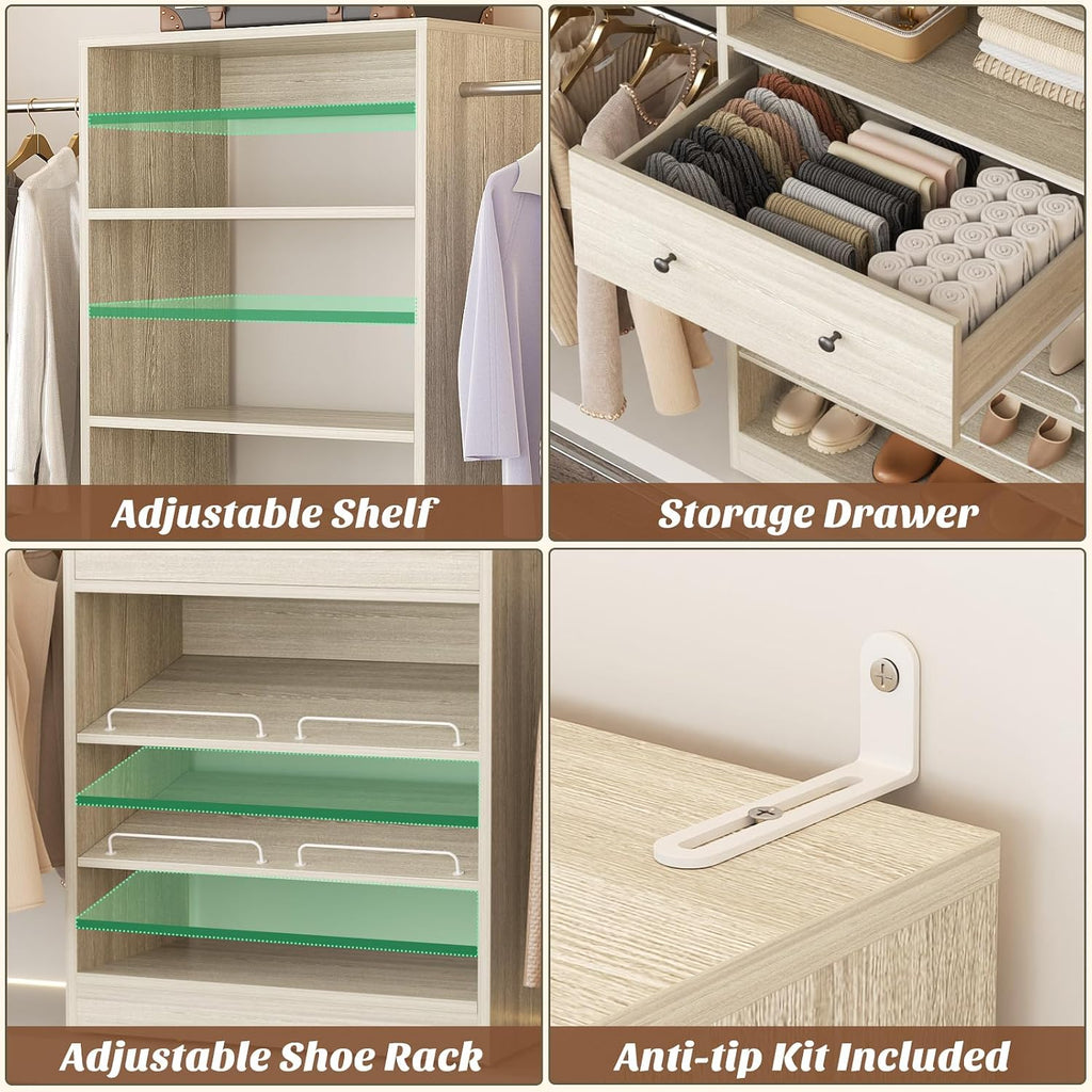 Wood Closet Organizer System - 4FT-9FT Expandable Wardrobe Closet with Drawer & 4 Hanging Rods, Heavy Duty Walk-in