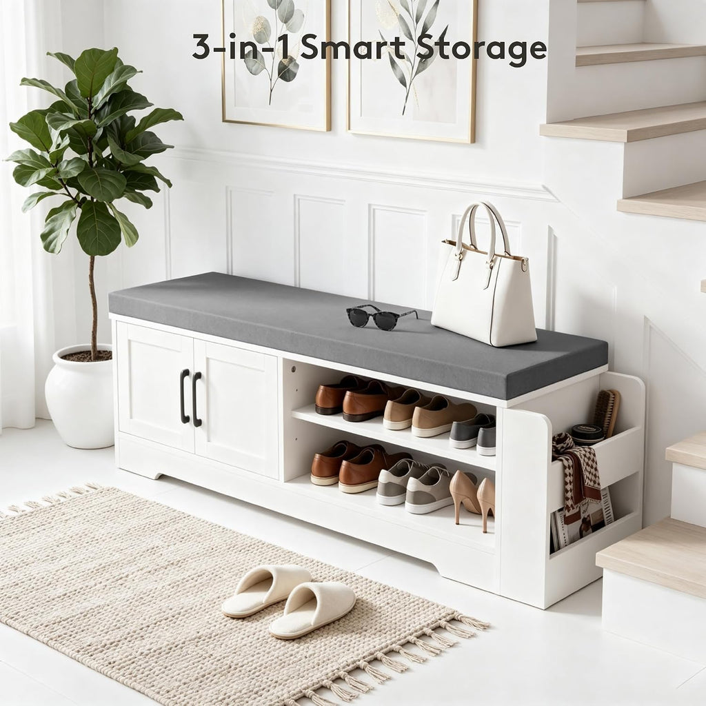 47.3" Shoe Storage Bench with Cushion, Entryway Shoe Cabinet, White | 3-in-1 Shoe Storage Bench, 47.3", Adjustable