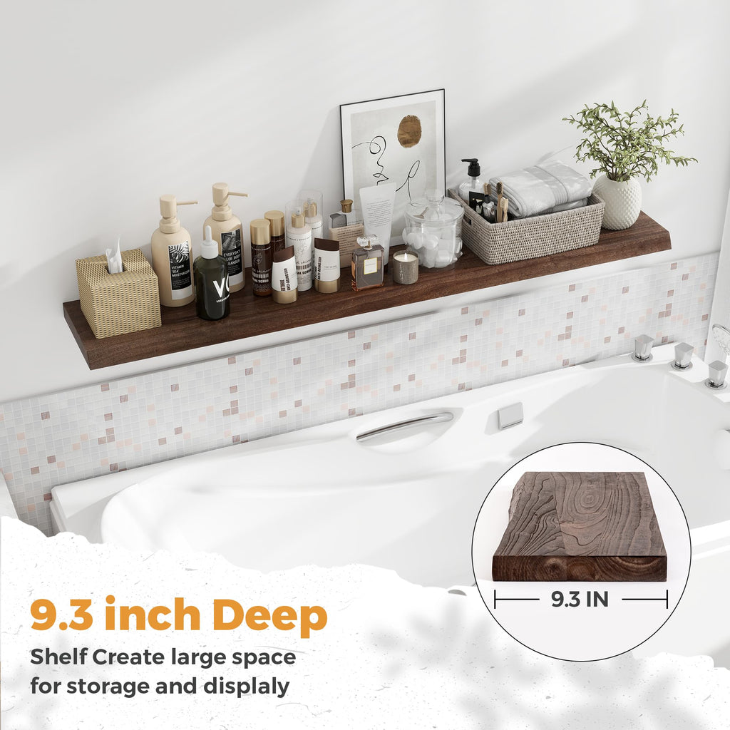 Live Edge Elm Floating Shelves For Wall - 55" W x 9.3" D Rustic Solid Long Wood Shelves with Invisible Bracket