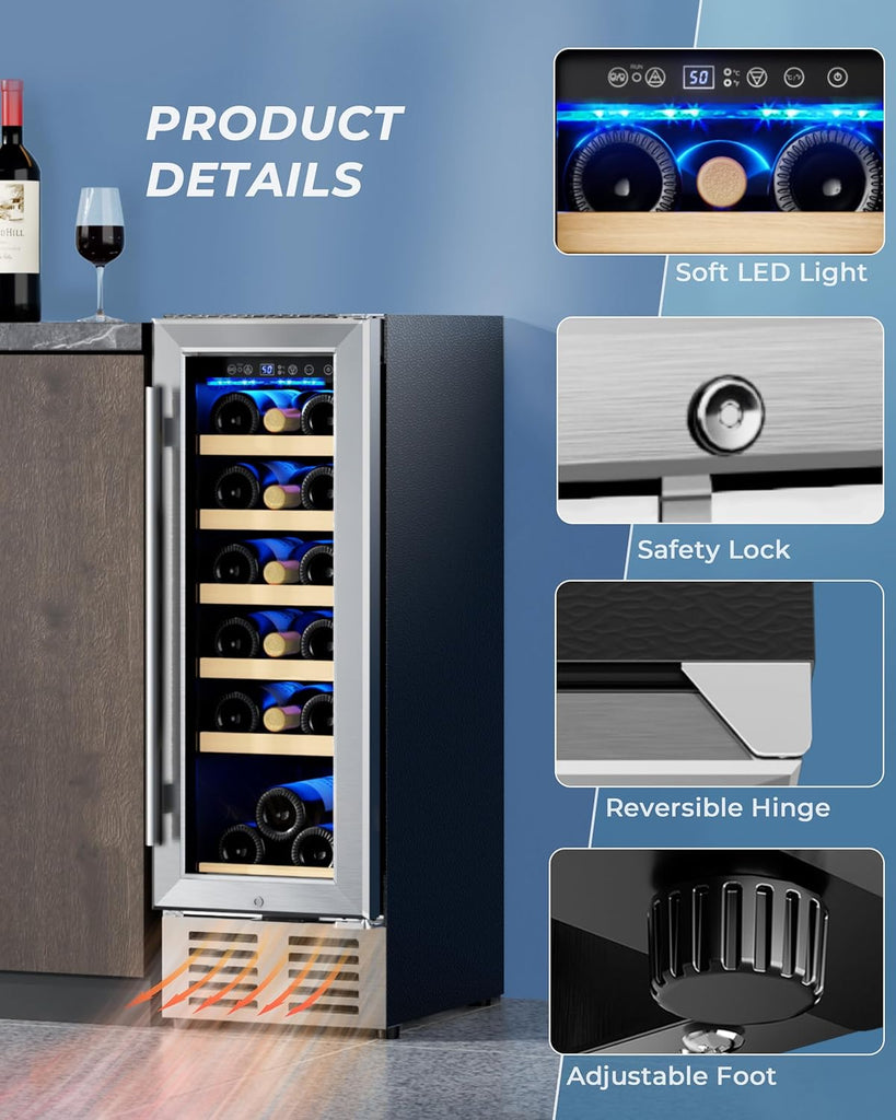 12 Inch Wine Cooler Refrigerator, Wine Fridge 18 Bottles, Built-in or Freestandi