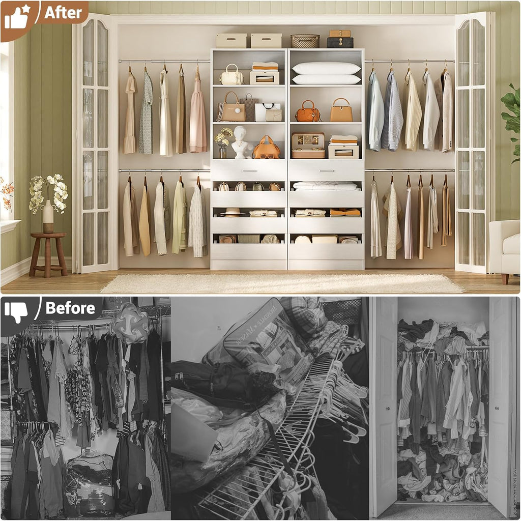 Closet System, 6-15Ft Closet Organizer with 8 Wooden Drawers, Wood Closet Organizer System with Tower, Walk-in Closet