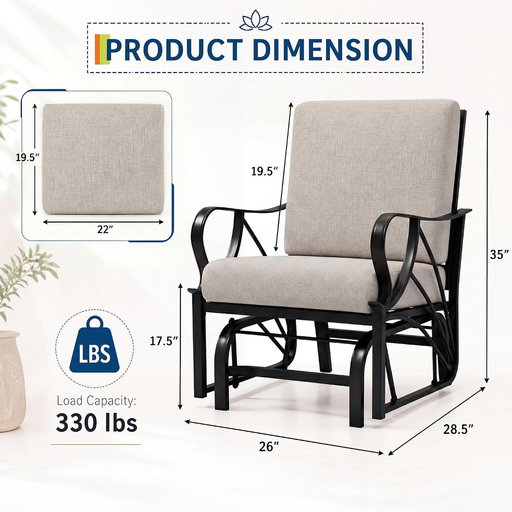Patio Glider, Outdoor Glider Chair with Removable Cushion, Heavy Duty Metal Frame, Curved Armrest, Porch Rocking