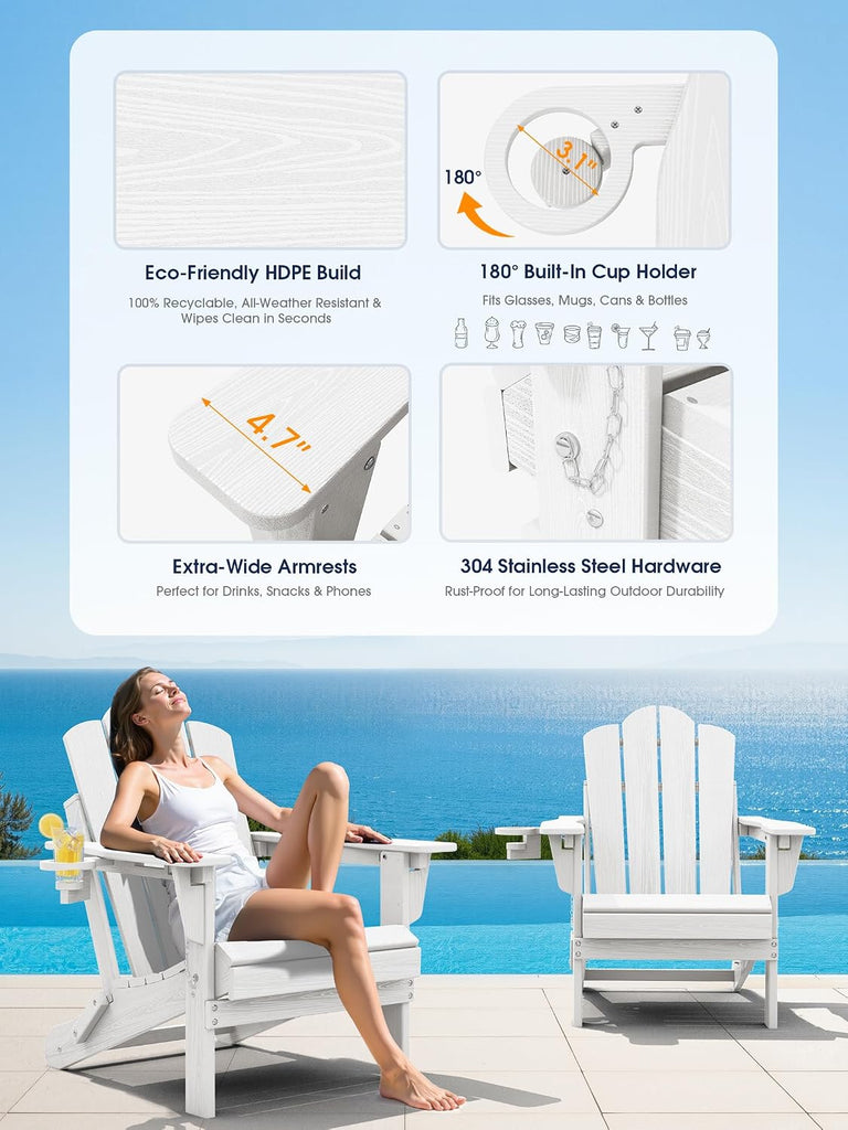Adjustable Adirondack Chairs Set of 2, Folding Outdoor Chair, White | | with Cup Holder | Reclining 3-Position