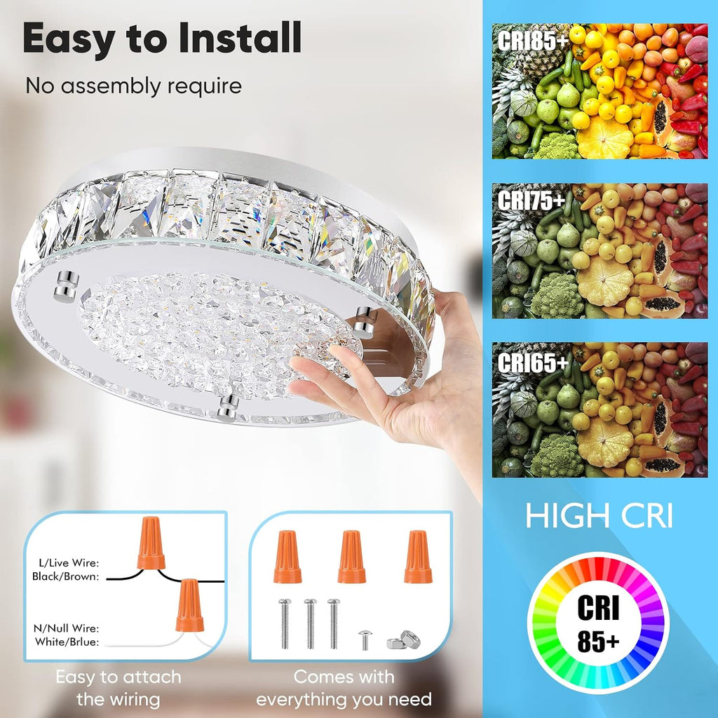 Crystal Chandeliers Flush Mount LED Ceiling Light Fixture, 5000K Daylight White Super Bright 1980LM 11-Inch Dimmable