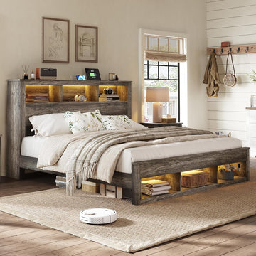 King Bed Frame with 47.2” Bookcase Storage Headboard & Footboard, Farmhouse Wooden Platform Bed with LED Light & Charging Station, No Box Spring Needed, Noise Free, Rustic Gray