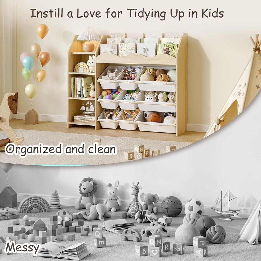 Toy Storage Organizer, Scalloped Bookshelf, 4 Toy Shelves, 9 Bins | Scalloped top book display, 4-tier side shelves