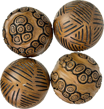Decorative Orbs Set of 4 Brown Resin Carved Spheres, 4 Inch | Distressed Painted Finish, Tribal-Inspired Lines and