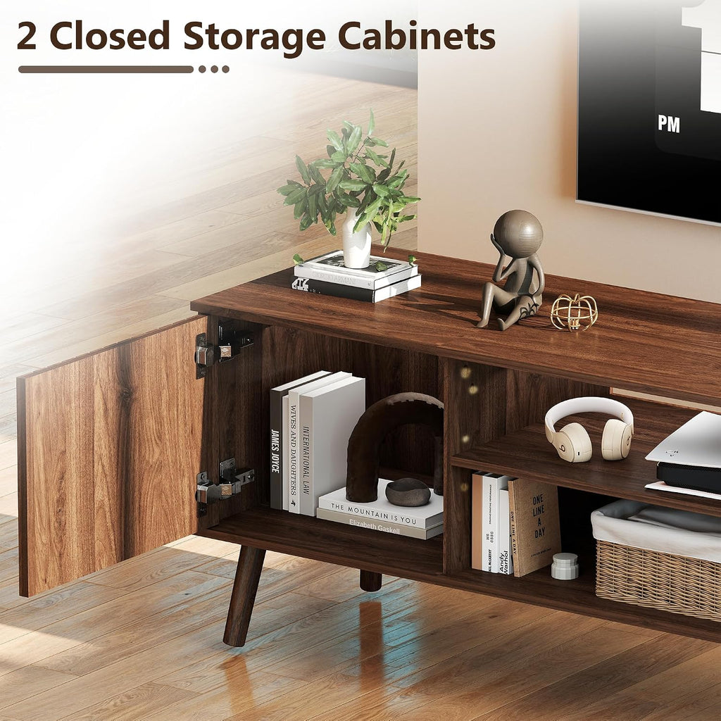 TV Stand for 75 inch TVs, Mid Century Modern Entertainment Center with Power Outlet,Fluted Media Console with Open