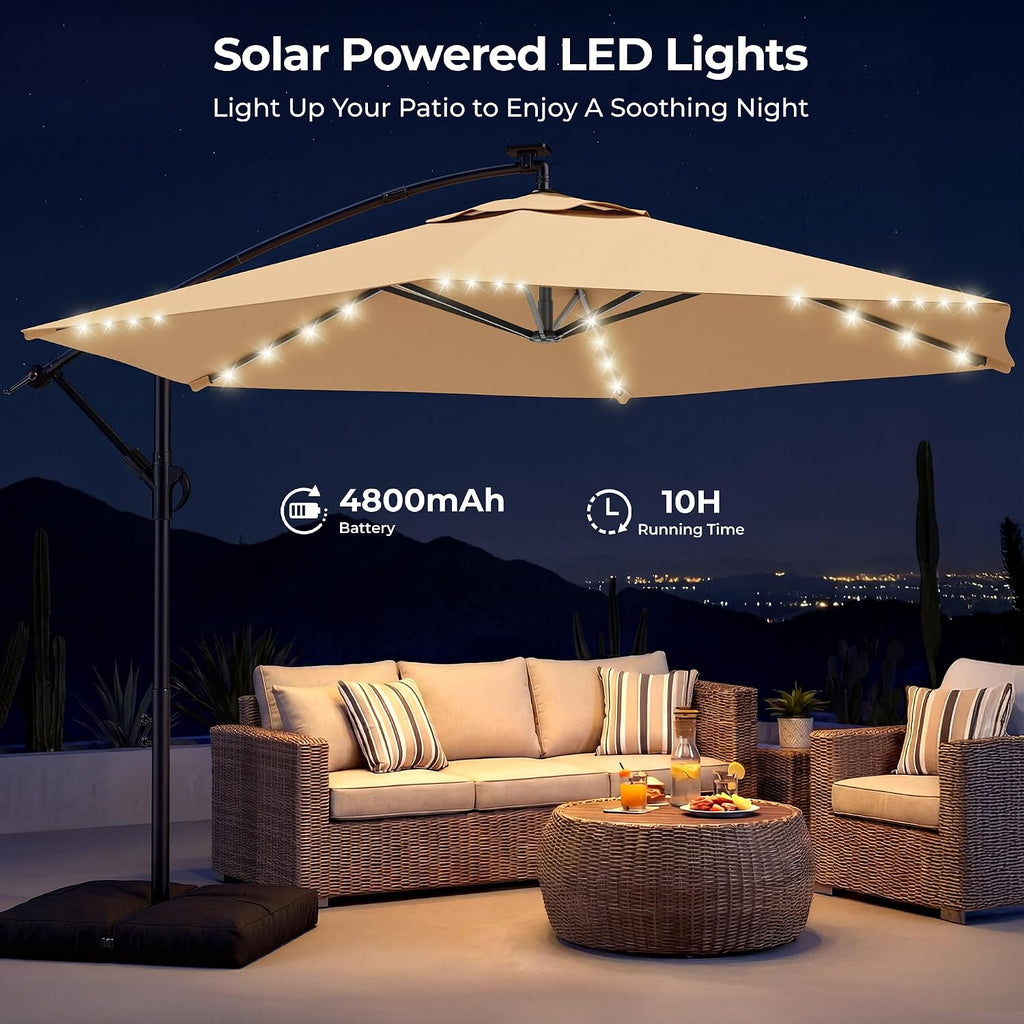 10FT Solar Offset Patio Umbrella with Base Included, 5-Year Fade-Resistant Canopy, 45° Easy Tilt Crank