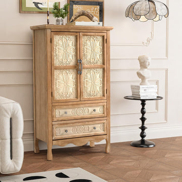 48" Tall Accent Cabinet with 2 Carved Doors and 2 Drawers, Wood Vintage Cabinet with Storage, French Country