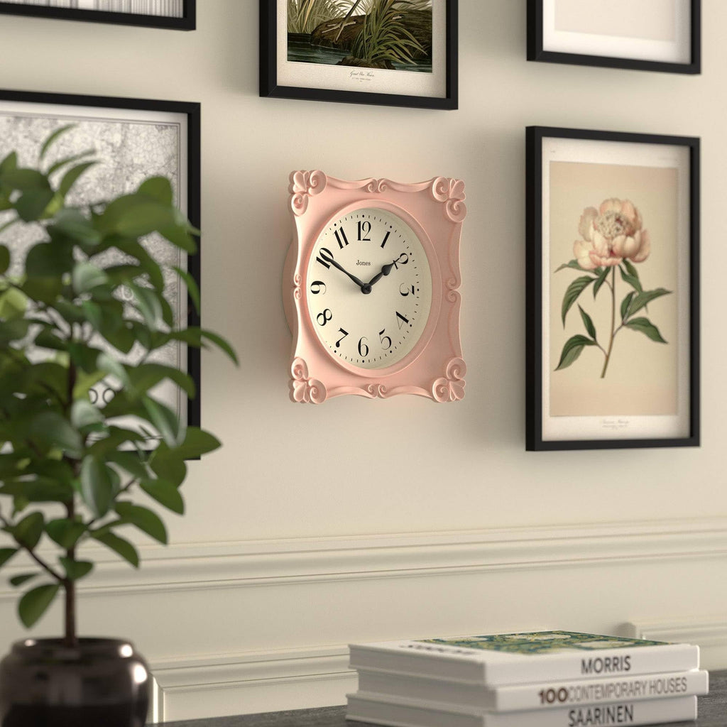 Rialto wall Clock | Ornate Square Clock | 10" | Pink