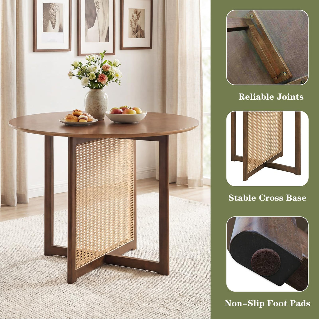 37.5" Round Dining Table for 2-4, Farmhouse Kitchen Table with Solid Rubberwood Pedestal & Rattan Base, Modern Small