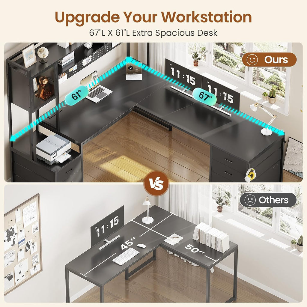 Reversible L Shaped Gaming Desk with 6 Drawers, Hutch, Led Lights | Computer Corner Desk with File Drawer, Storage