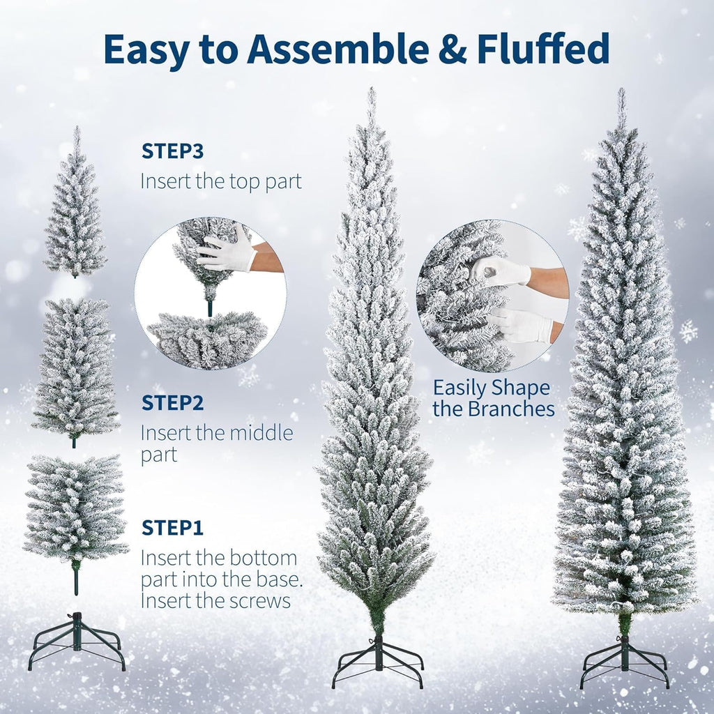 6 ft Pencil Prelit Christmas Tree, Snow Flocked Xmas Tree