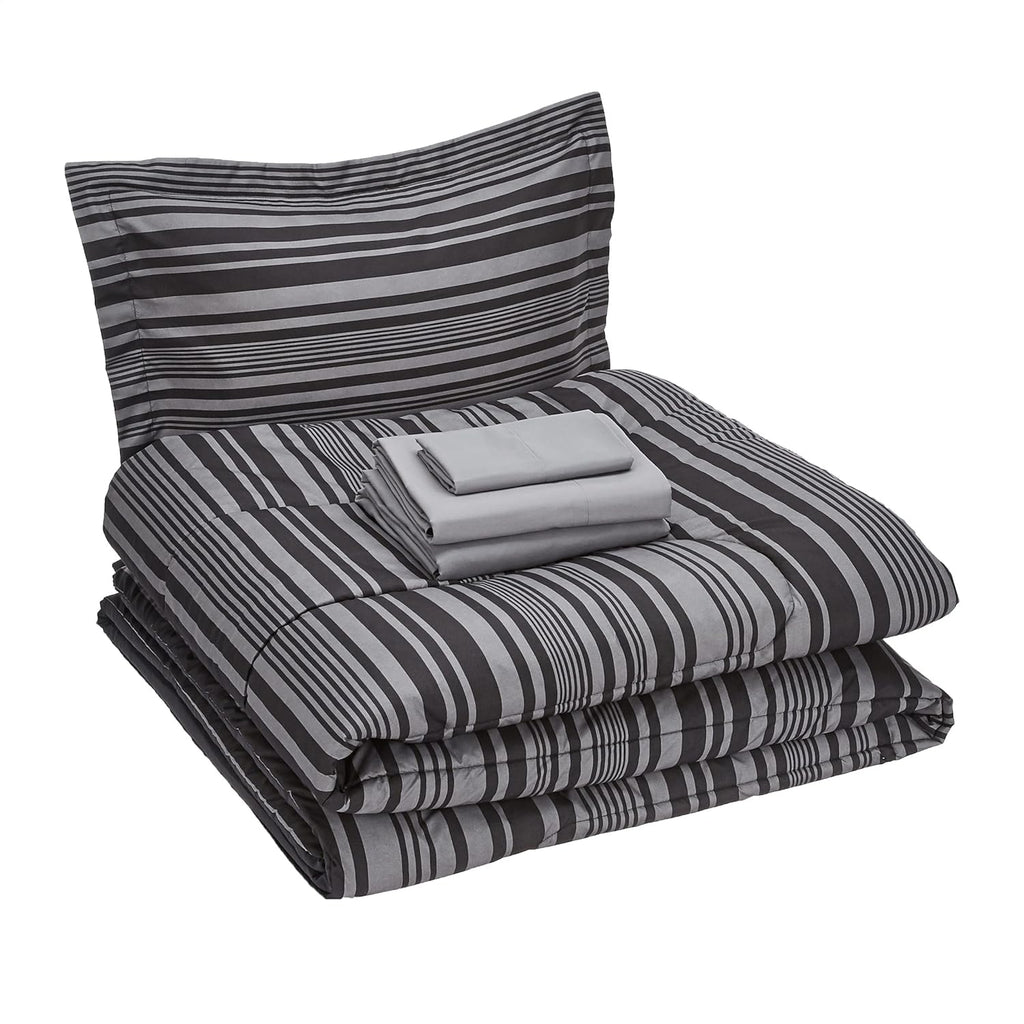 5-Piece Lightweight Microfiber Comforter Set with Sheets, Bed-in-a-Bag, Gray Calvin Striped Bedding